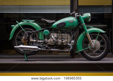 BERLIN - MAY 10 2015: Vintage motorcycle Zuendapp KS601 (nickname: Green Elephant) 1951. 28th Berlin-Brandenburg Oldtimer Day