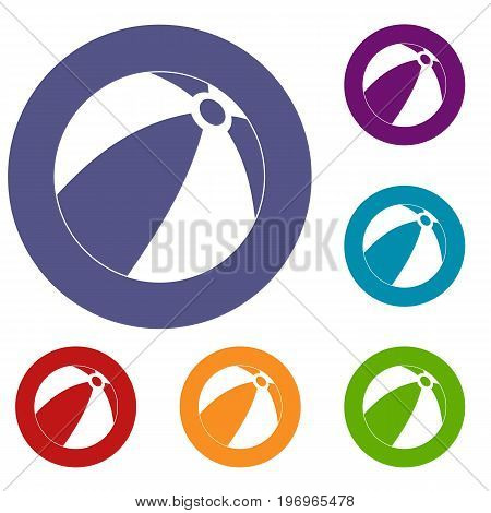 Ball for children to play icons set in flat circle red, blue and green color for web