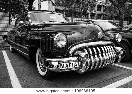 BERLIN - MAY 10 2015: Full-size car Buick Super (Third generation) 1950. Black and white. 28th Berlin-Brandenburg Oldtimer Day