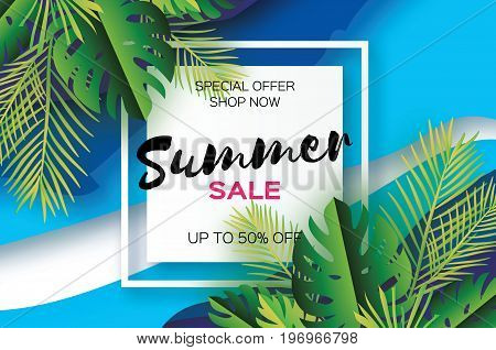 Trendy Summer Sale Template banner. Paper cut art Tropical palm leaves, plants. Exotic. Hawaiian. Space for text. Square frame. Dark green jungle floral background. Monstera, palm. Vector illustration
