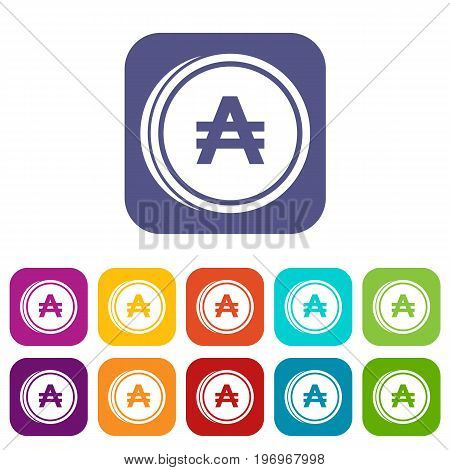 Coin austral icons set vector illustration in flat style in colors red, blue, green, and other