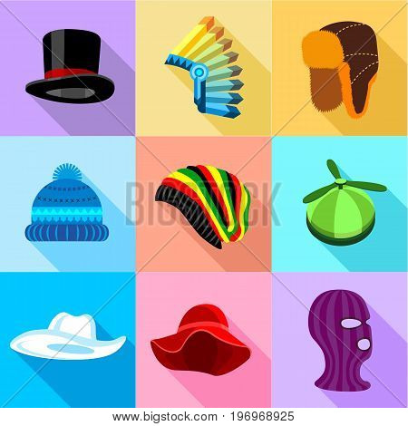 Woman amd man headdress icons set. Flat set of 9 woman amd man headdress vector icons for web with long shadow