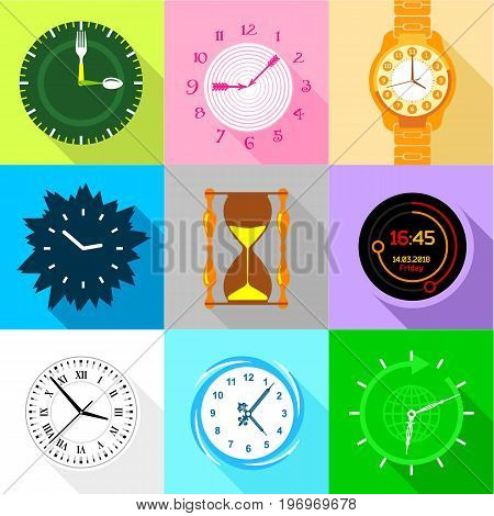 Watch face icons set. Flat set of 9 watch face vector icons for web with long shadow