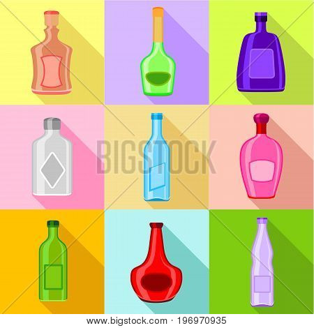 Different bottles icons set. Flat set of 9 different bottles vector icons for web with long shadow