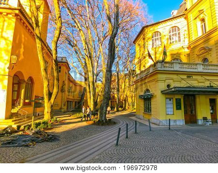 Budapest, Hungary - December 31, 2015: The main entrance at the Lukacs Bath, at historic outdoor thermal bath heated naturally by hot springs, in Budapest, Hungary on December 31, 2015.