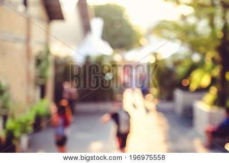 Blurred Background,people Shopping At Market Fair In Sunny Day, Blur Background With Bokeh.
