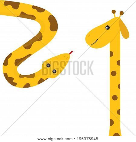 Giraffe with spot. Long neck. Yellow python snake red tongue. Crawling serpent. Zoo animal friends. Cute cartoon funny card for kids. Isolated. White background Flat design. Vector illustration