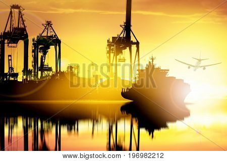 Container Cargo ship and Cargo plane with working crane bridge in seaport at sunset time logistic import export background and transport industry.