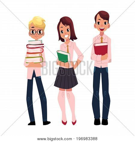 Three students, pupils, school kids standing together, holding books, cartoon vector illustration isolated on white background. Group of pupils, students, boys and girls, full length portrait