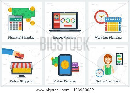 Vector six square business flat concepts of online services and planning process. Financial, worktime and budget planning and shopping, banking and consultant in flat style