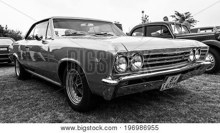 PAAREN IM GLIEN GERMANY - MAY 23 2015: Mid-size car Chevrolet Chevelle (First generation). Black and white. The oldtimer show in MAFZ.