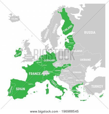 Map of Eurozone. States using Euro currency. Grey vector map with green highlighted member countries.