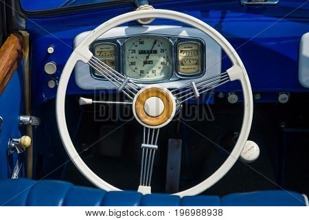 PAAREN IM GLIEN GERMANY - MAY 23 2015: Cabin of the 2-door cabriolet BMW 327 1952. The oldtimer show in MAFZ.