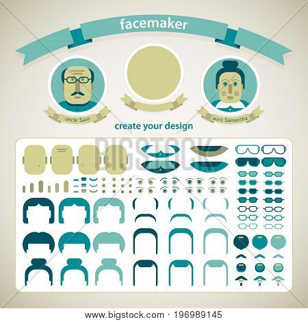 Facemaker pack with faces heads hairs beards and glasses isolated vector illustration