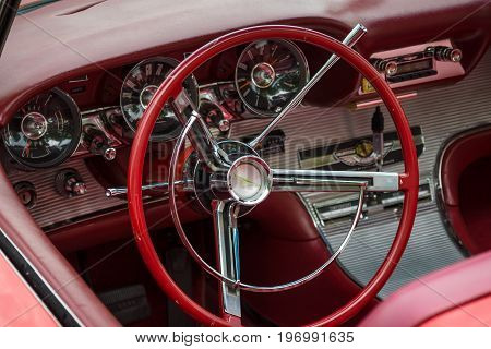 PAAREN IM GLIEN GERMANY - MAY 23 2015: Cabin of a personal luxury car Ford Thunderbird (third generation). The oldtimer show in MAFZ.