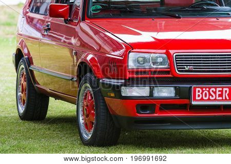 PAAREN IM GLIEN GERMANY - MAY 23 2015: Fragment of a compact car Volkswagen Rallye Golf Mk2. The oldtimer show in MAFZ.