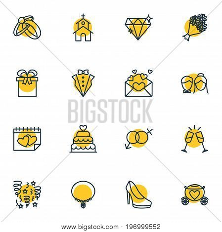 Editable Pack Of Card, Engagement, Chariot And Other Elements.  Vector Illustration Of 16 Wedding Icons.