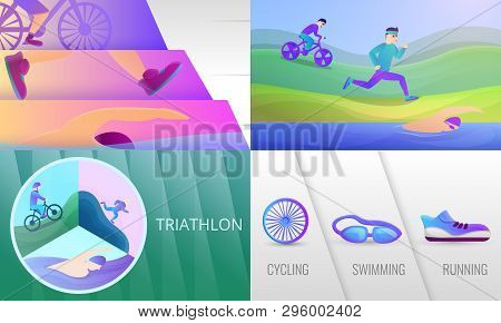 Triathlon Banner Set. Cartoon Illustration Of Triathlon Vector Banner Set For Web Design