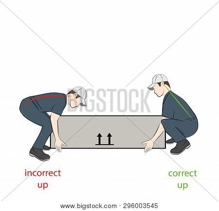 Correct Posture To Lift A Heavy Object Safely. Illustration Of Health Care. Vector Illustration