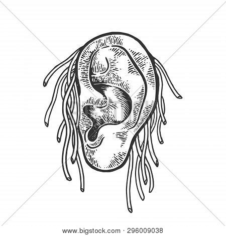 Spaghetti Noodle Pasta On Human Ear Sketch Engraving Vector Illustration. Scratch Board Style Imitat