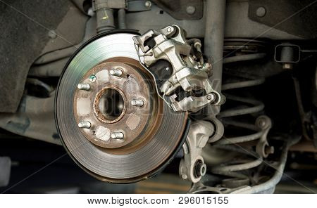 Car Parts And Disk Brake Concept - Closeup Car Disk Brake Maintenance Service In Car Garage And Copy