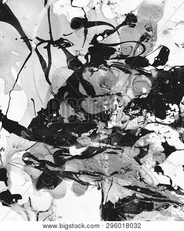 Hand-painted Black And White Abstract Background With Paint Splashes. Design For Background, Banner,