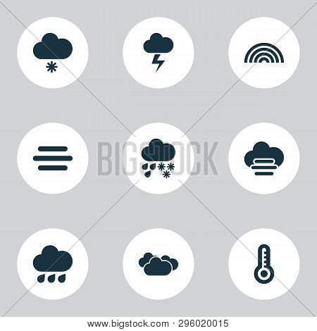 Weather Icons Set With Light Snow Shower, Fog, Misty And Cloudy Synoptic Elements. Isolated Vector I
