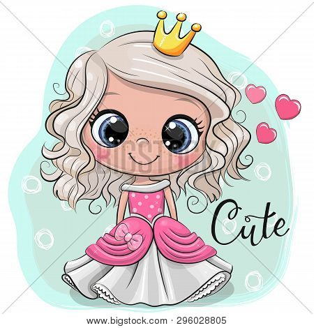 Greeting Card With Cute Cartoon Fairy Tale Princess On A Bluebackground