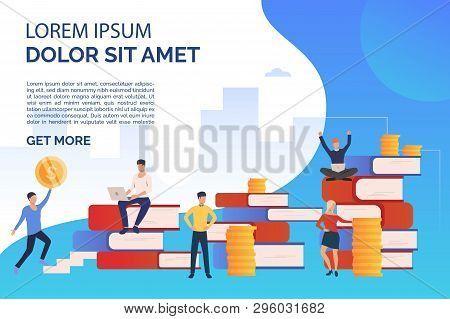 Education And Studying Presentation Slide Template. People Standing Among Stacks Of Books And Coins.