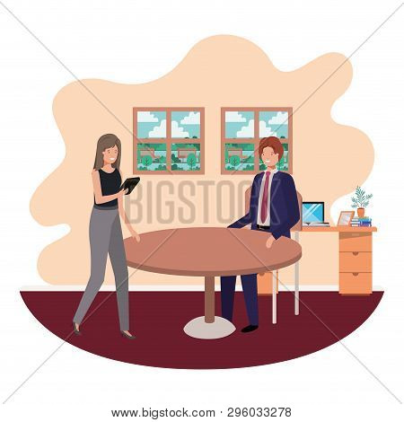 Couple Business In The Room With View The Landscape Vector Illustration Desing