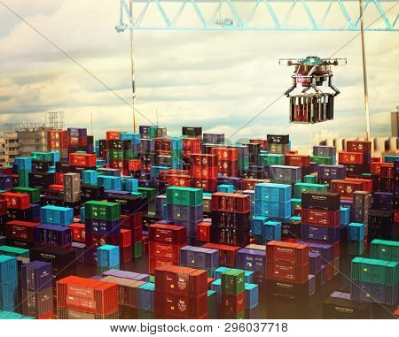 Drone cargo with container freight above city futuristic depot. Solving logistical urban problems in future. 3d rendering.
