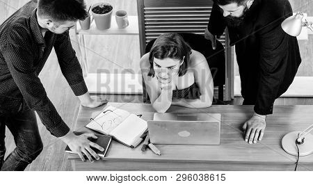 Desirable Sexy Lady Boss. Woman Sexy Attractive Female Working With Men Colleagues. Busty Colleague.