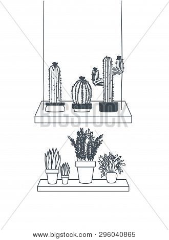 Houseplants With Potted On Shelf Isolated Icon Vector Illustration Design
