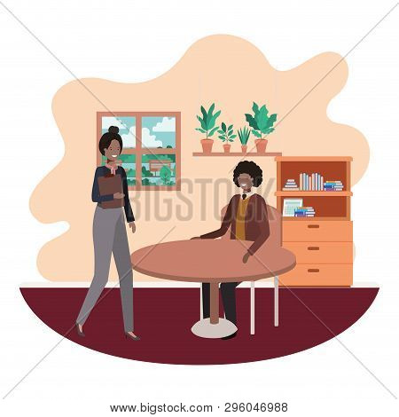 Couple Business In The Room With View The Landscape Vector Illustration Desing