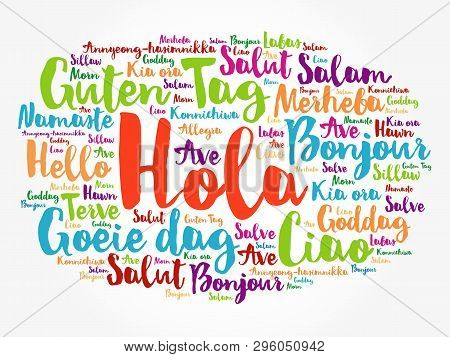 Hola! (hello Greeting In Spanish) Word Cloud In Different Languages Of The World, Background Concept