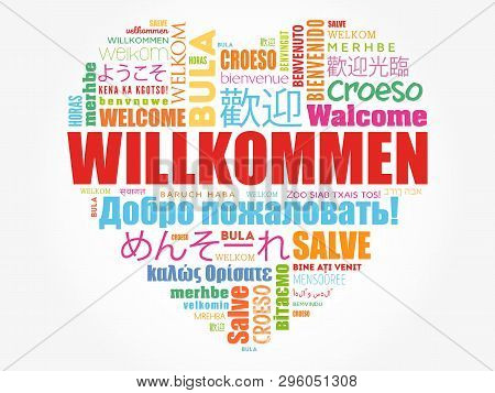 Willkommen, Welcome In German. Word Cloud In Different Languages, Conceptual Background