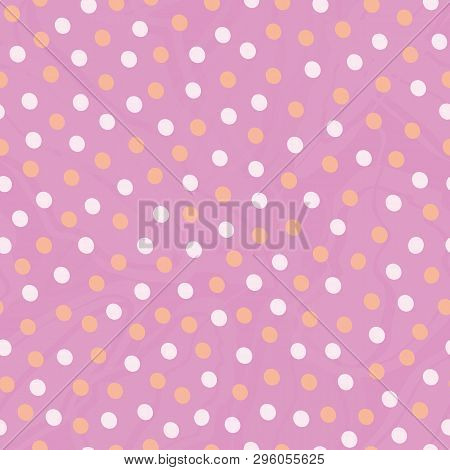 Golden And Pastel Pink Hand Drawn Dots In Random Design. Seamless Vector Pattern On Lightly Marbled 