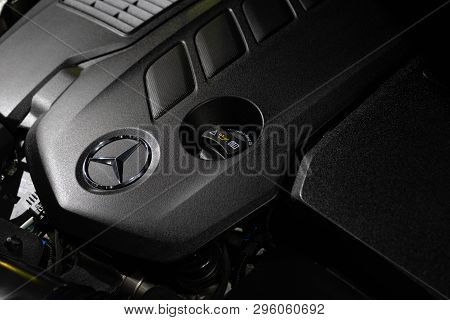 Bangkok, Thailand - March 31, 2019: Close Up Detailed Shot Of Car Engine Of Mercedez Benz