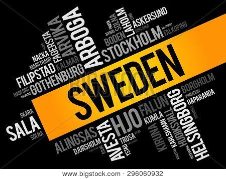 List Of Cities And Towns In Sweden, Word Cloud Collage, Business And Travel Concept Background
