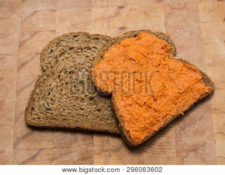 Brown Sandwich With Filet Americain On Wood, American Fillet, Cow Meat And Pepper