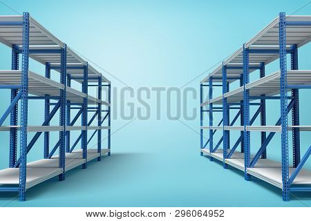 3d Rendering Of Two Silver Blue Metal Racks On Blue Background