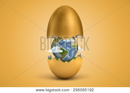 3d Rendering Of Gold Egg Cracked In Two, Lower Half With Green Grass Inside, Upper Half In Air, With