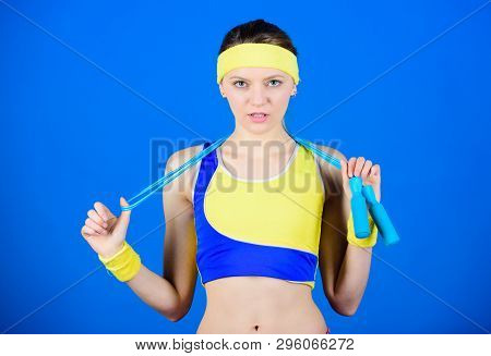 Full Of Energy. Health Diet. Success. Sporty Woman Training In Gym. Happy Woman Workout With Jump Ro