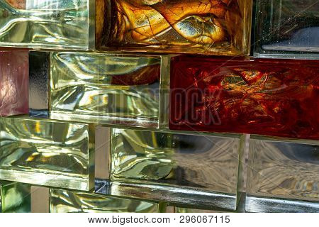 Glass Blocks Background, Glas Wall Texture With Colors Inside, Glass With Cooler Inside,