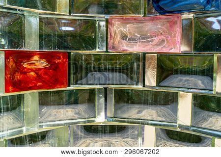 Glass Blocks Background, Glas Wall Texture With Colors Inside, Glass With Cooler Inside,