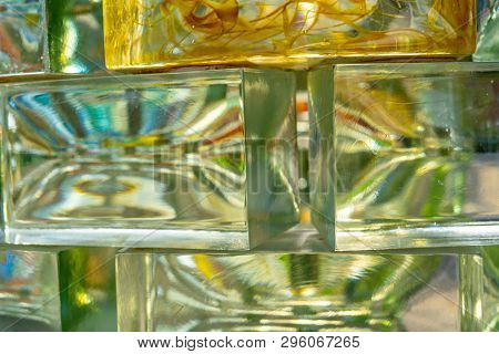 Glass Blocks Background, Glas Wall Texture With Colors Inside, Glass With Cooler Inside,