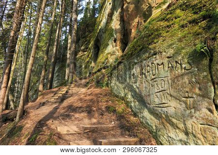 Sandstone Rock In Spring In Latvia. Langu Cliffs At Lode Behind Cesis In Latvia.