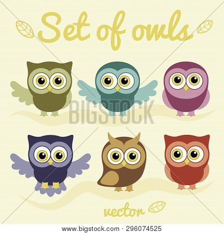 Set Of Owls. Collection Of Vector Birds. Print For Children, Baby.