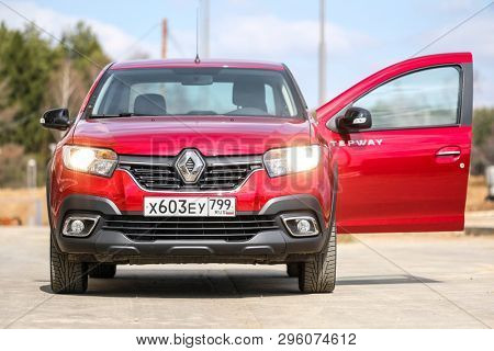 Moscow, Russia - April, 15, 2019: the image of the red car Renault Logan Stepway