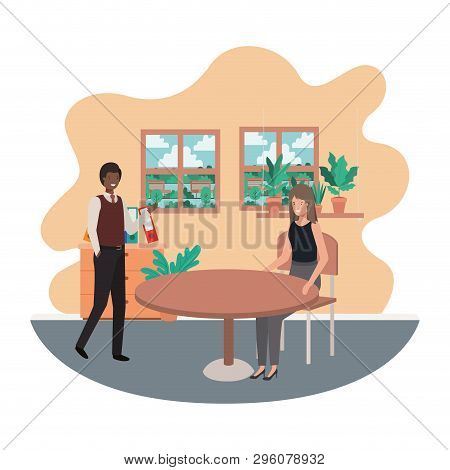 Couple Business In The Room With View The Landscape Vector Illustration Desing